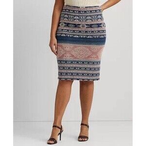 Ralph Lauren Women’s Geo-Motif Linen Cotton Pencil Skirt Pink Blue Size‎ 1X NWT
